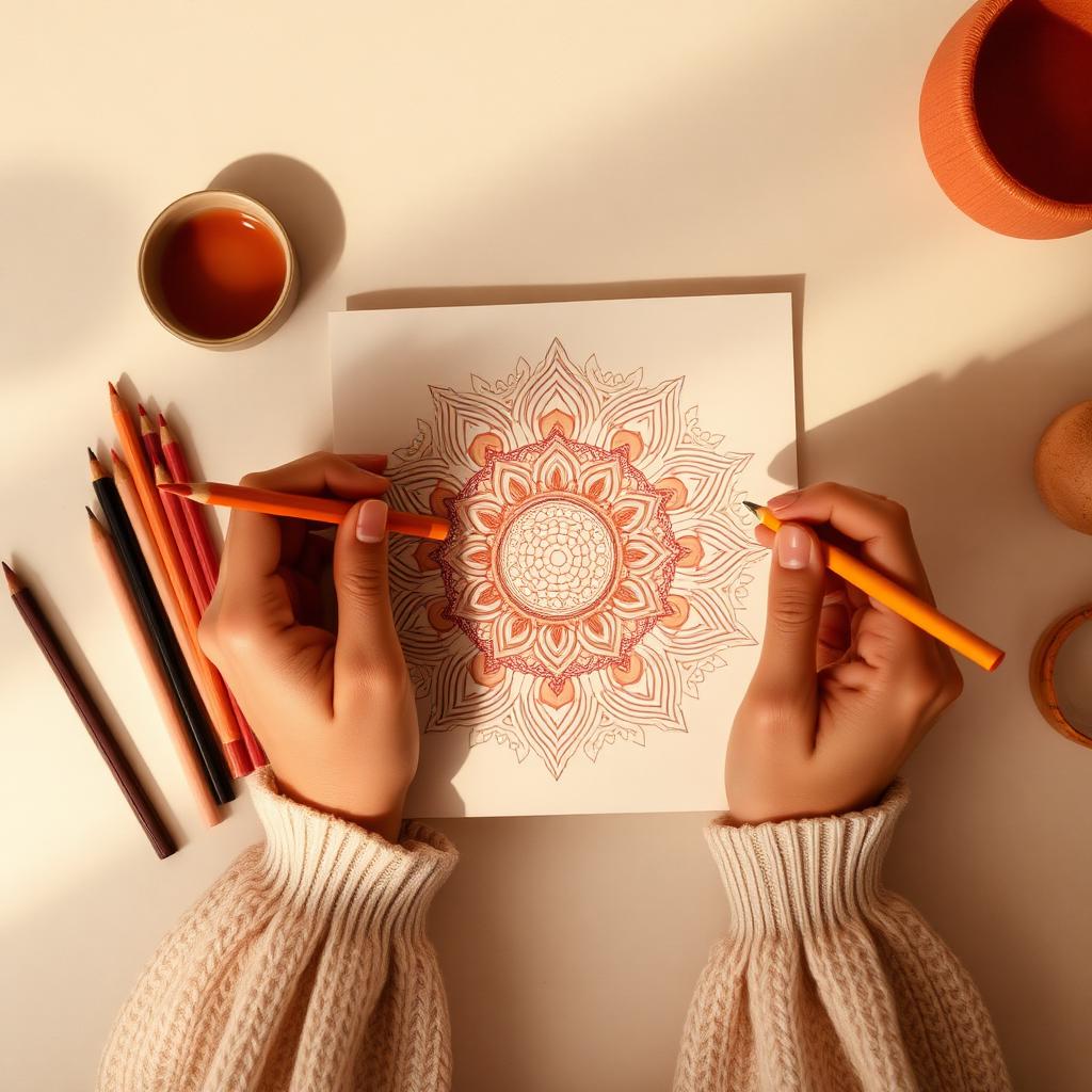 Warm, softly lit still life of an adult colouring book, pencils and tea in a cozy Barrie home — cover image for the stress relief article "Colour Therapy f