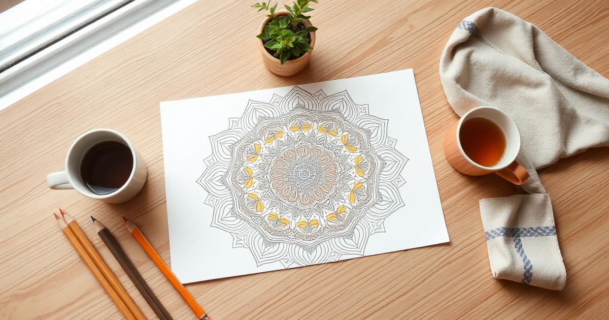 Softly lit flat lay of a partly coloured mandala printable, wooden pencils, and a mug of tea on an oak table — free stress relief coloring pages PDF cover image.