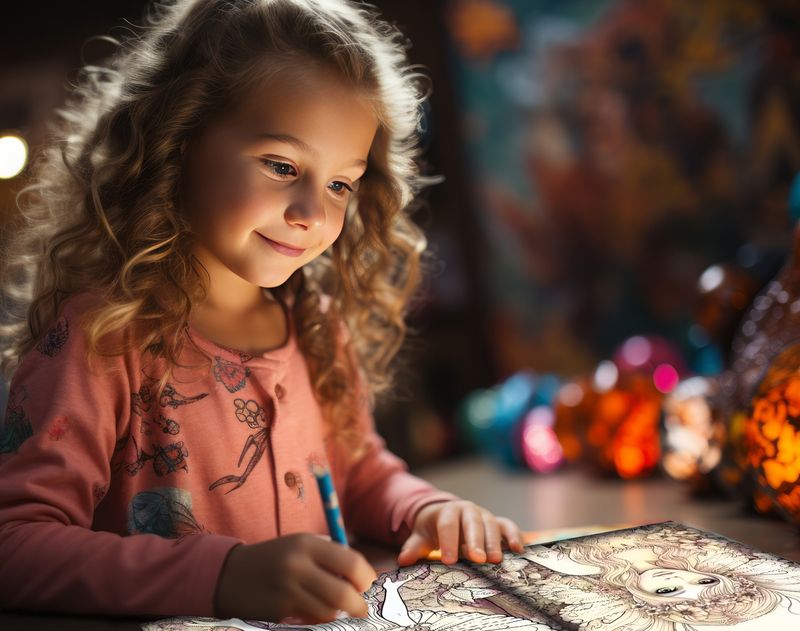 Child colouring at a kitchen table