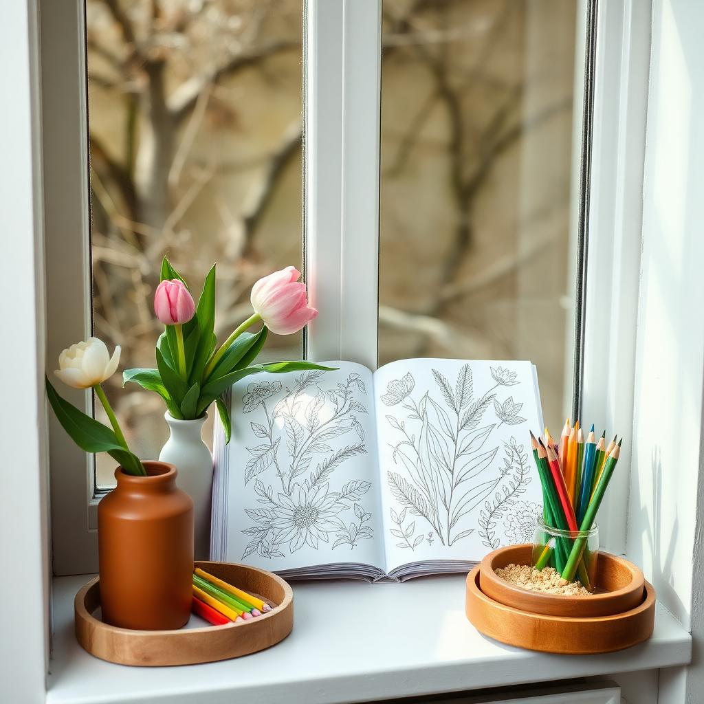 Warm, softly lit still life of an adult colouring book, pencils and tea in a cozy Barrie home — cover image for the mindfulness article "Mindful Colouring
