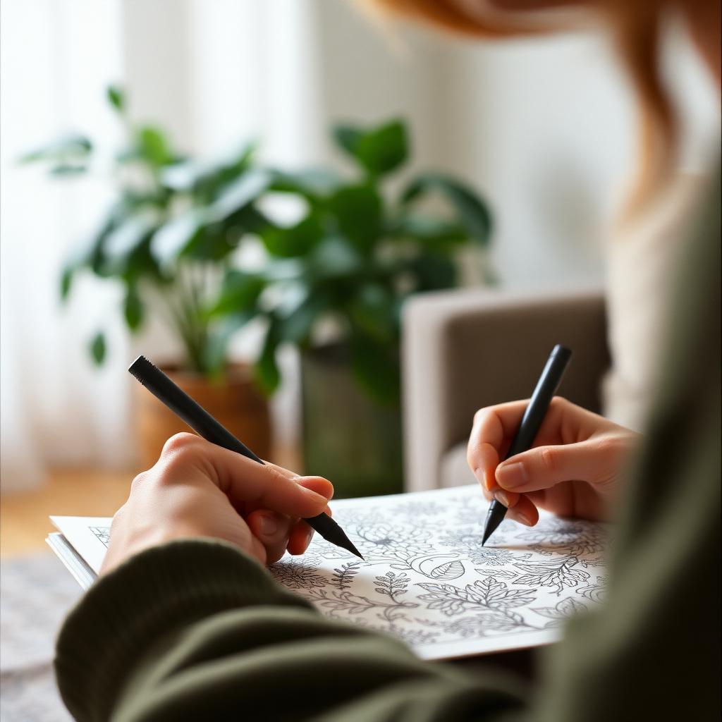 Warm, softly lit still life of an adult colouring book, pencils and tea in a cozy Barrie home — cover image for the stress relief article "How Adult Colour